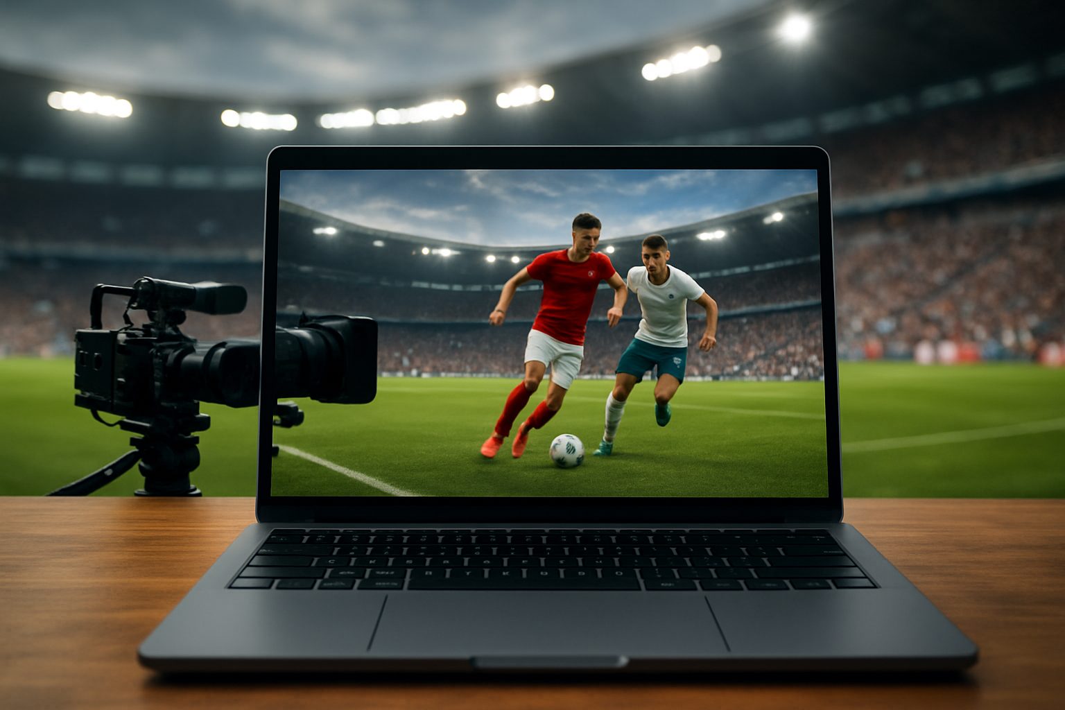 A laptop displaying a soccer match with players on the screen, in front of a camera, suggesting digital streaming of spo